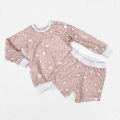 Neutral Leopard Pullover + Basic Shorts Set, 2T-4T