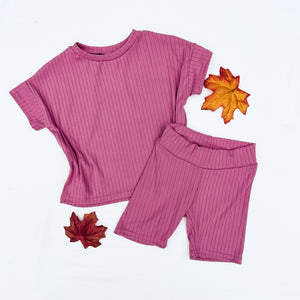 Mauve Ribbed Box Tee/Biker Set, multiple